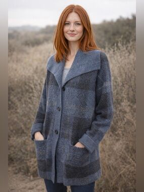 J.Jill Plaid Wool Blend Cardigan Jacket Shawl Collar Blue Gray Sweater Large